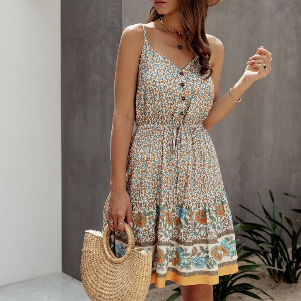 Boho Hippie Gypsy Floral Midi Dress - Picture 1 of 8
